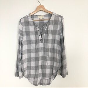 Cloth & Stone gray lace up neck high low hem check print flannel shirt size XS